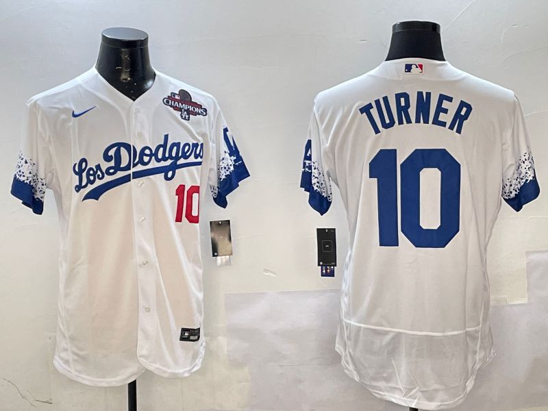 Men Los Angeles Dodgers #10 Turner White City Edition Elite Nike 2025 MLB Jersey style 4